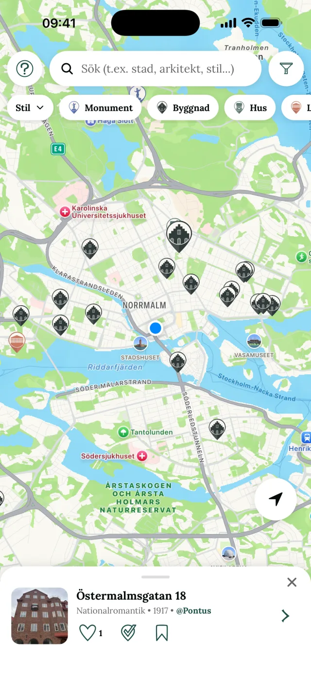 Kartan med markörer för kyrkor, hus och landmärken
